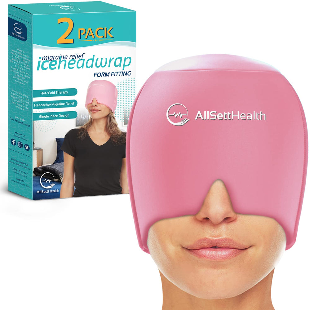 AllSett Health migraine relief ice head wrap worn for cooling comfort.