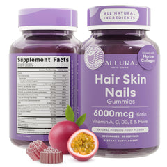 Allura Hair bottle closeup with gummies supporting daily beauty care