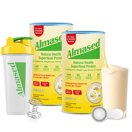 Almased almond vanilla can label — clear ingredients and branding.