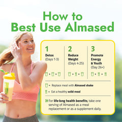 Almased almond vanilla closeup protein powder — shows texture and quality.