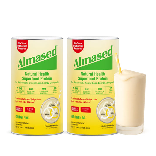 Almased Multi-Protein powder jar label closeup for easy shake preparation.