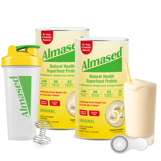 Almased Original can front shows protein power for meal replacement