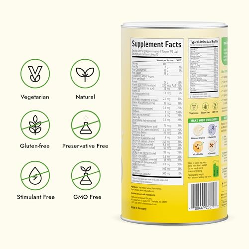 Almased original flavor can close-up showing easy mixing for meals.