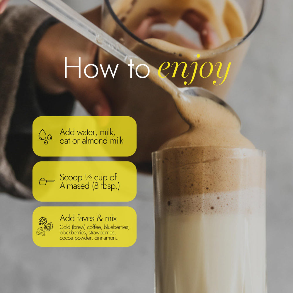 Almased shake with fruits and ice illustrates a tasty option