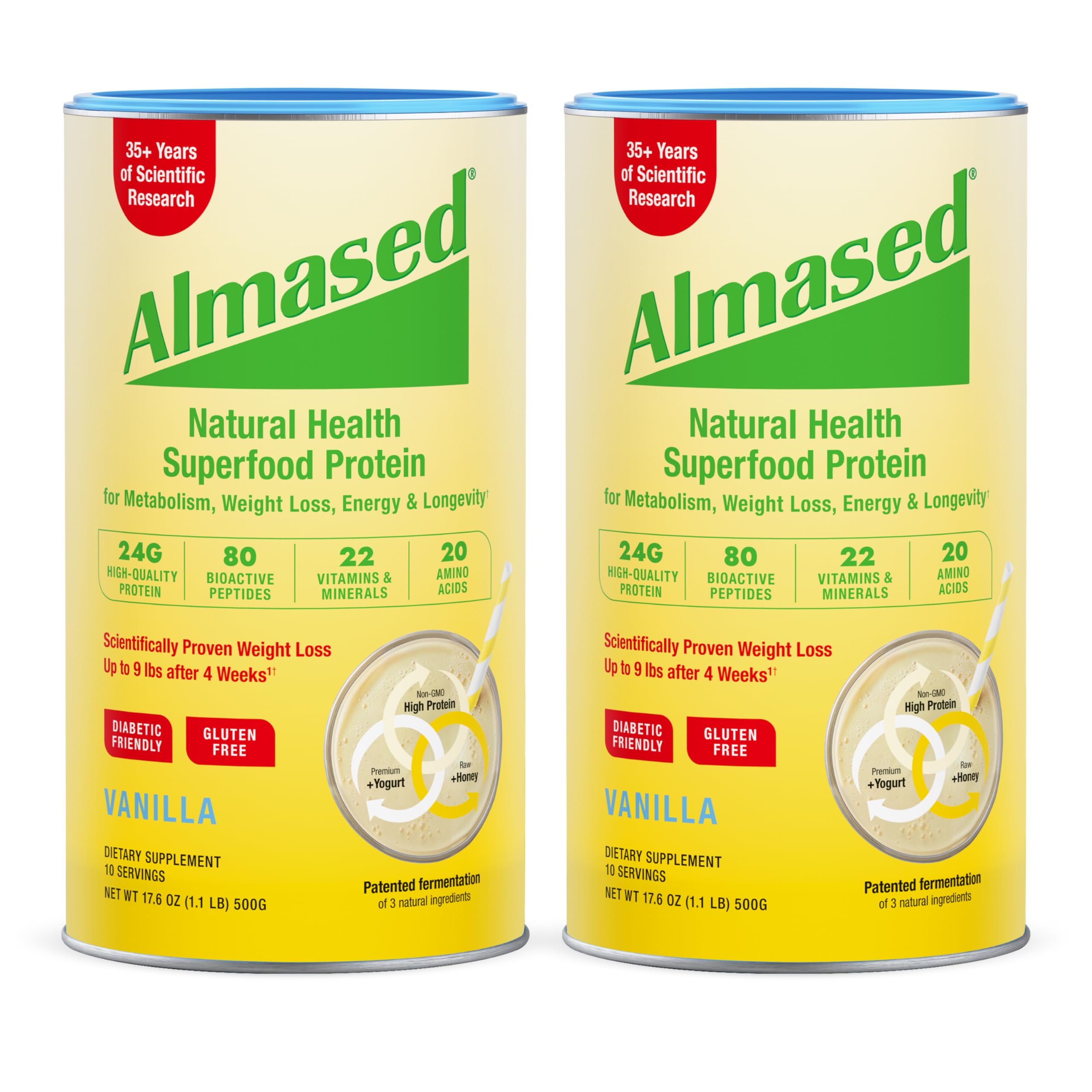Almased vanilla meal replacement powder tub with label for quick breakfast