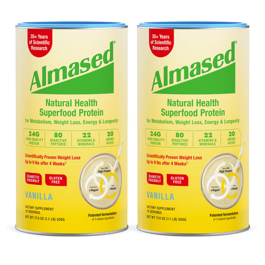 Almased vanilla meal replacement powder tub with label for quick breakfast