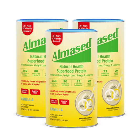 Almased Vanilla meal replacement tub—protein-packed option for a balanced breakfast.