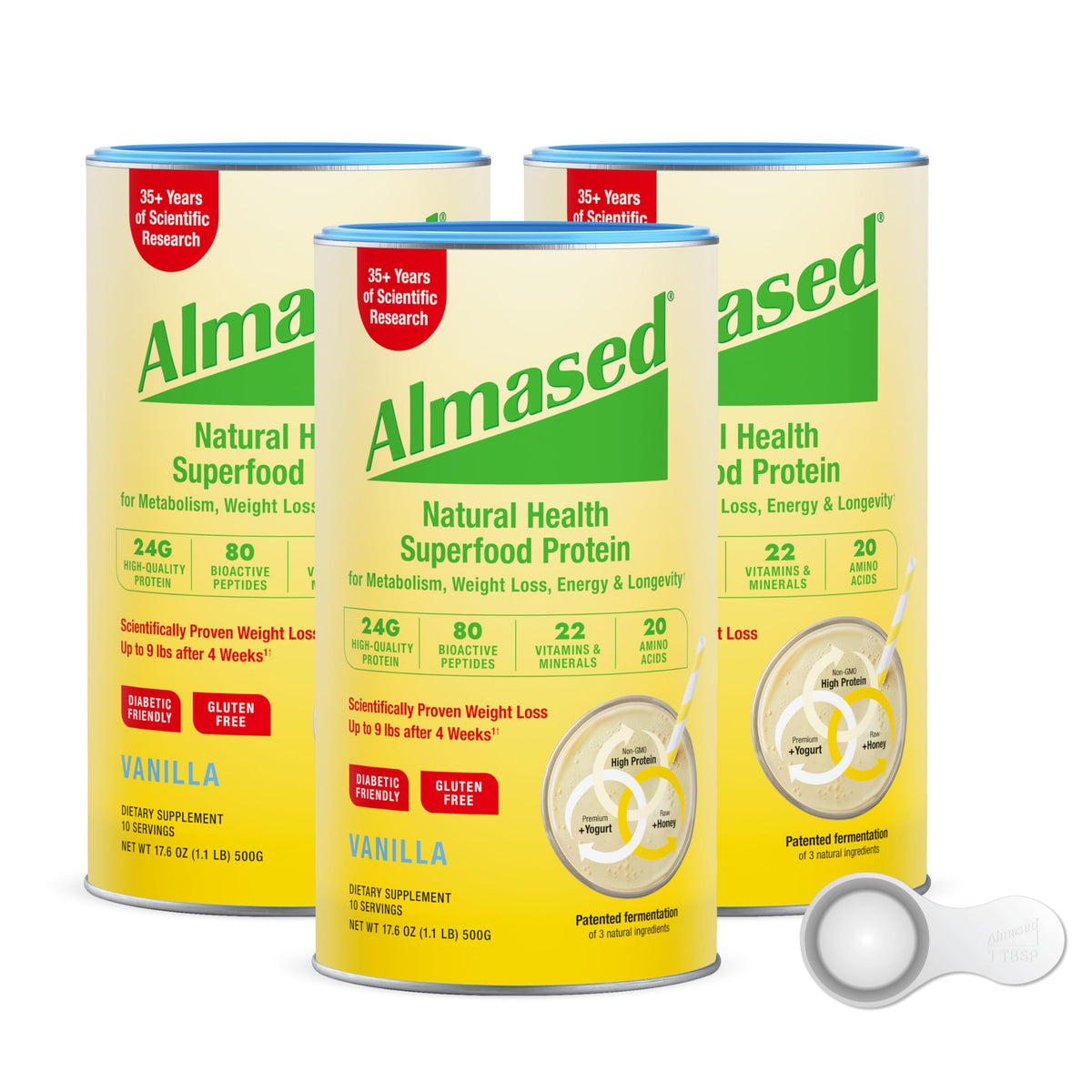 Almased vanilla protein can trio ready for a weight loss routine