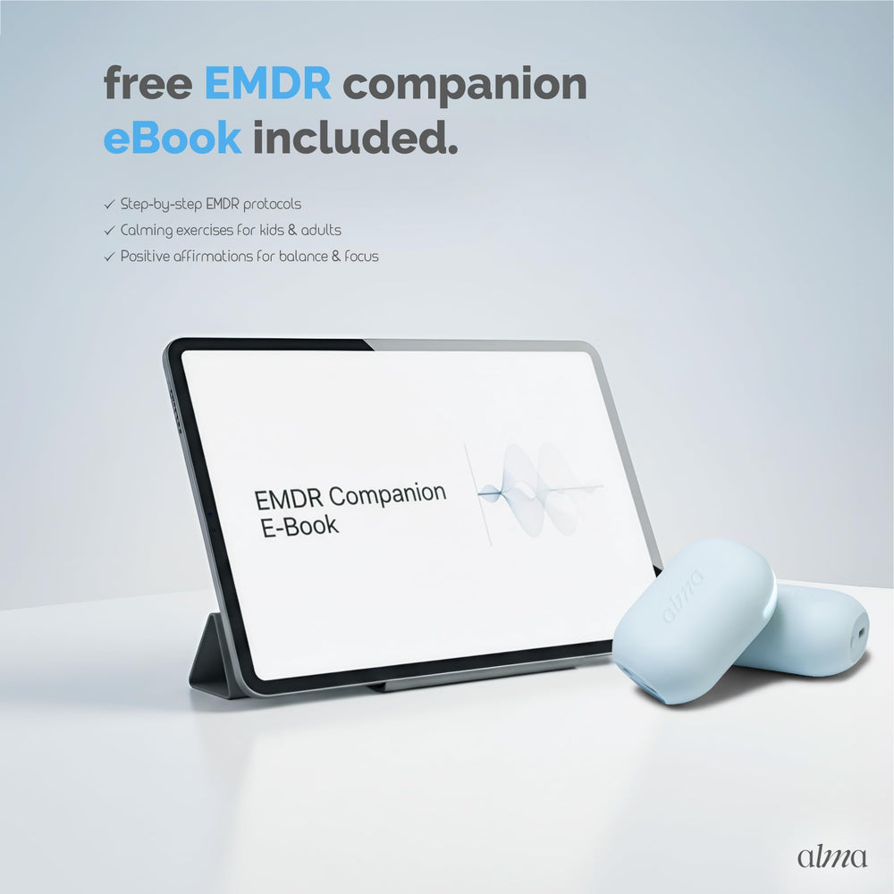 ALMAWAVE SENSE EMDR tappers includes free protocol book for guided practice.