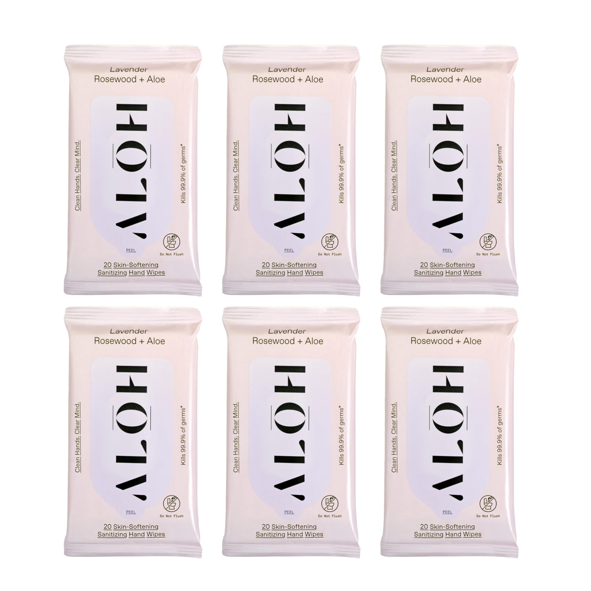 ALO H lavender rosewood aloe wipes pack shows premium, travel-ready sanitizing power.