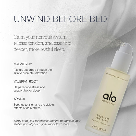Alo Magnesium Reset mist on skin, soothing application for post-workout recovery