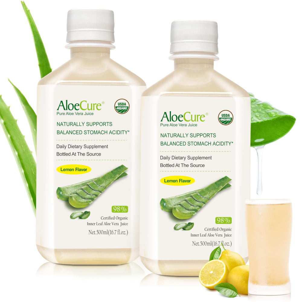 AloeCure lemon flavor aloe juice bottle front view supports daily digestive wellness