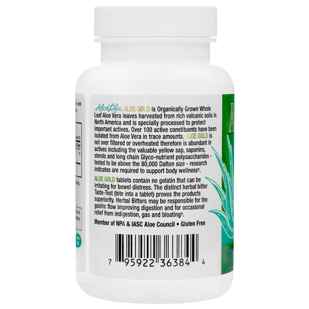 Aloe Life Aloe Gold Tablets bottle back label showing ingredients and organic certification.