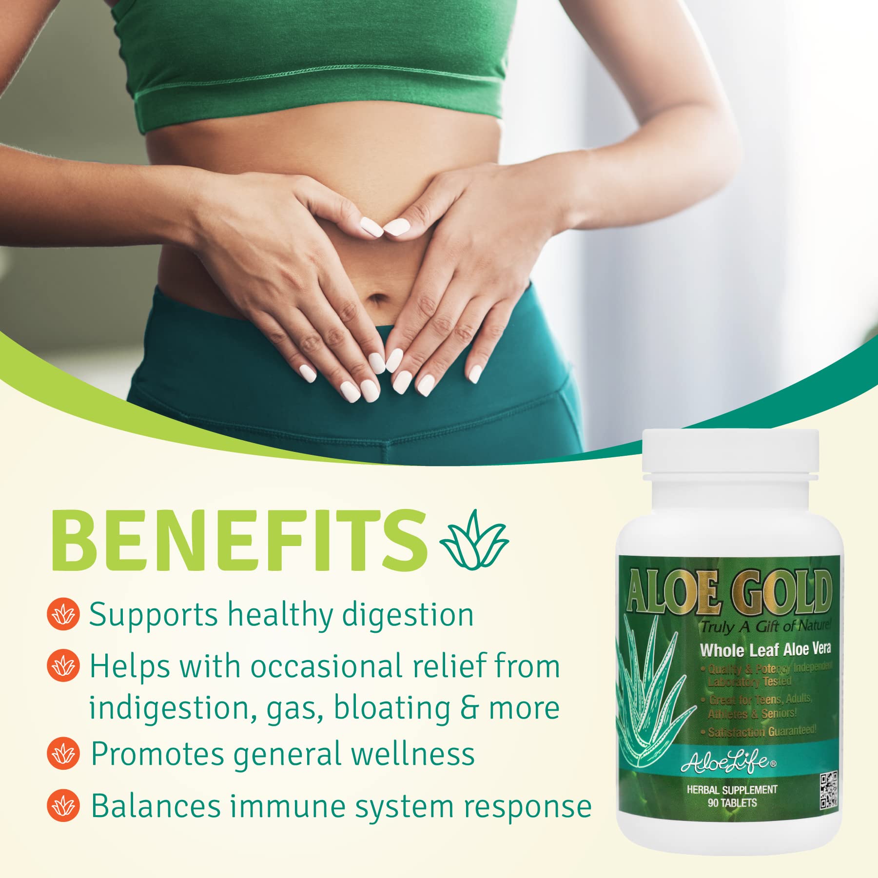 Aloe Life Aloe Gold Tablets serving size illustration for two to three tablets daily.