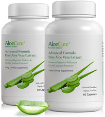 AloeCure Aloe Vera Capsules bottle front shows organic, aloine-free formula for gentle digestion.