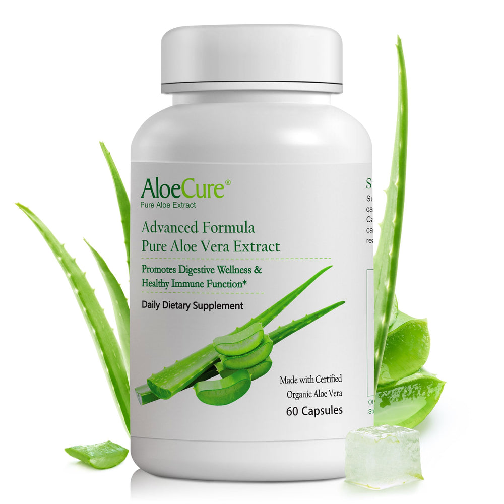 AloeCure bottle front label showcasing organic quality for daily use.
