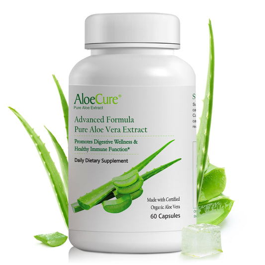 AloeCure bottle front label showcasing organic quality for daily use.