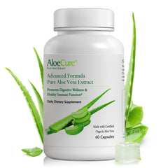 AloeCure bottle front label showcasing organic quality for daily use.