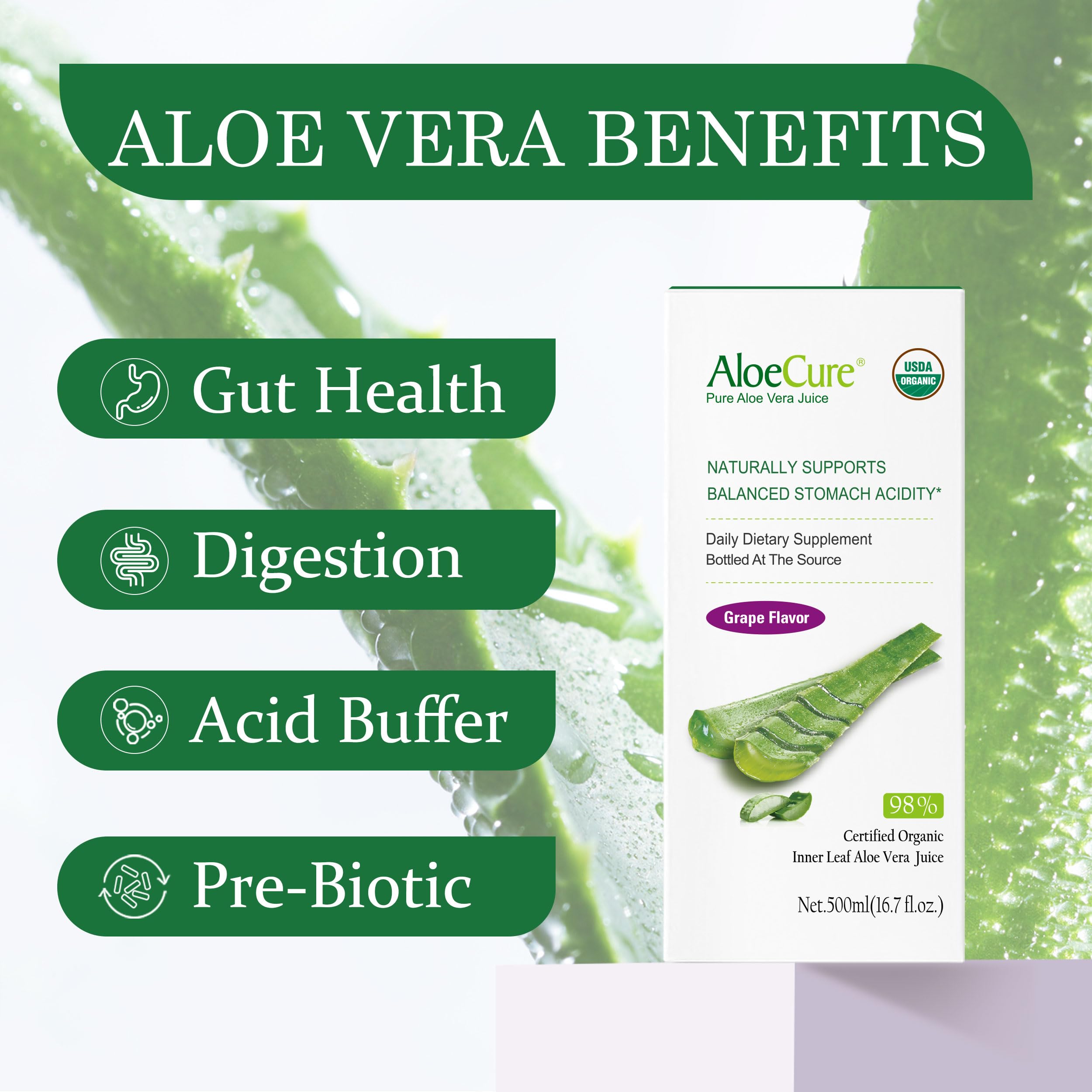 AloeCure grape-flavor bottle back with nutrition info for mindful dosing.