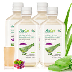AloeCure grape-flavor bottle highlights USDA organic aloe vera juice for daily digestive balance.