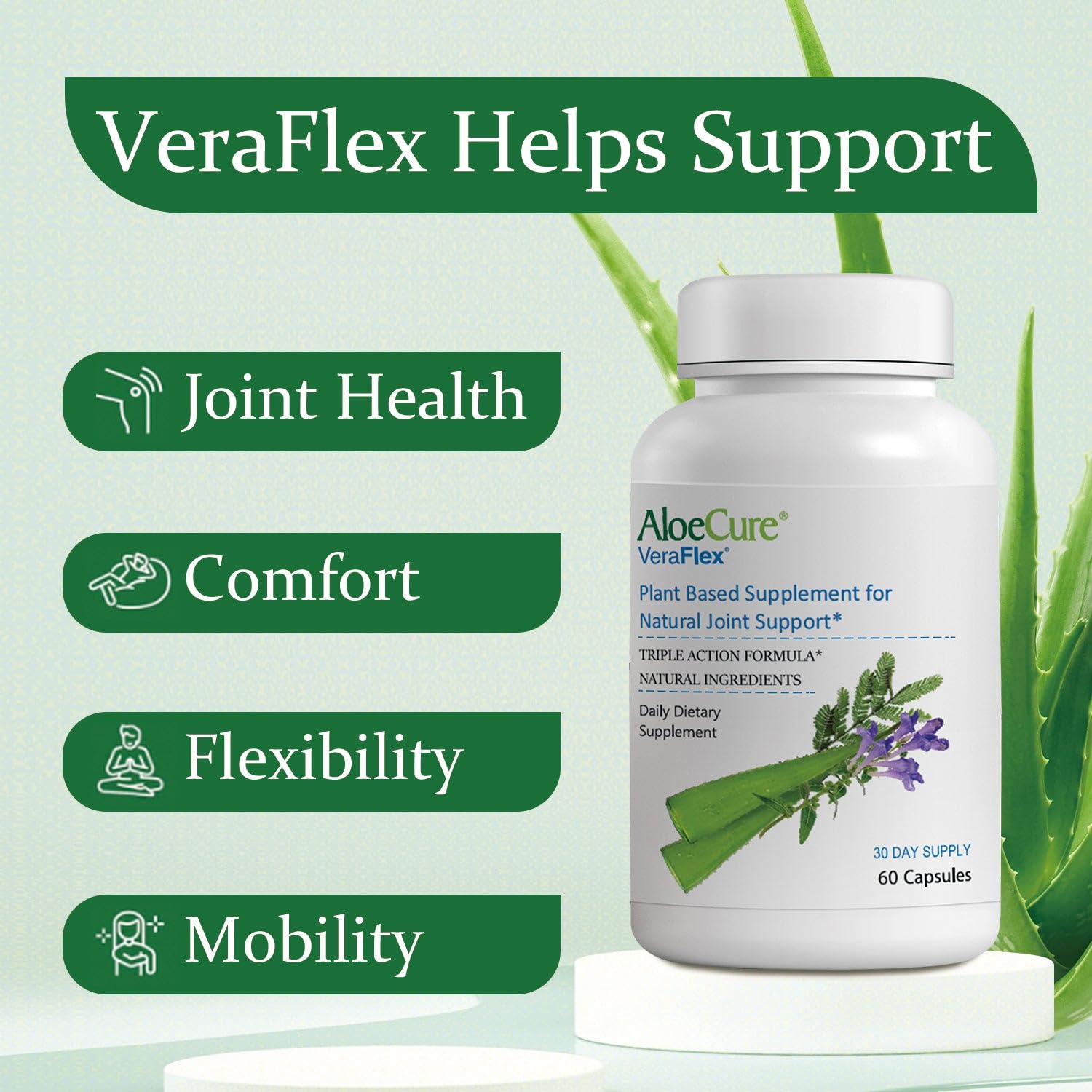 AloeCure VeraFlex bottle front with 60 capsules for daily mobility.