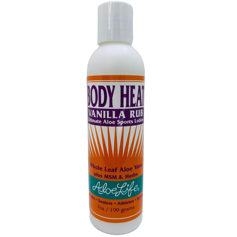 Aloe Life Body Heat Vanilla Rub bottle ready for warming muscle relief
