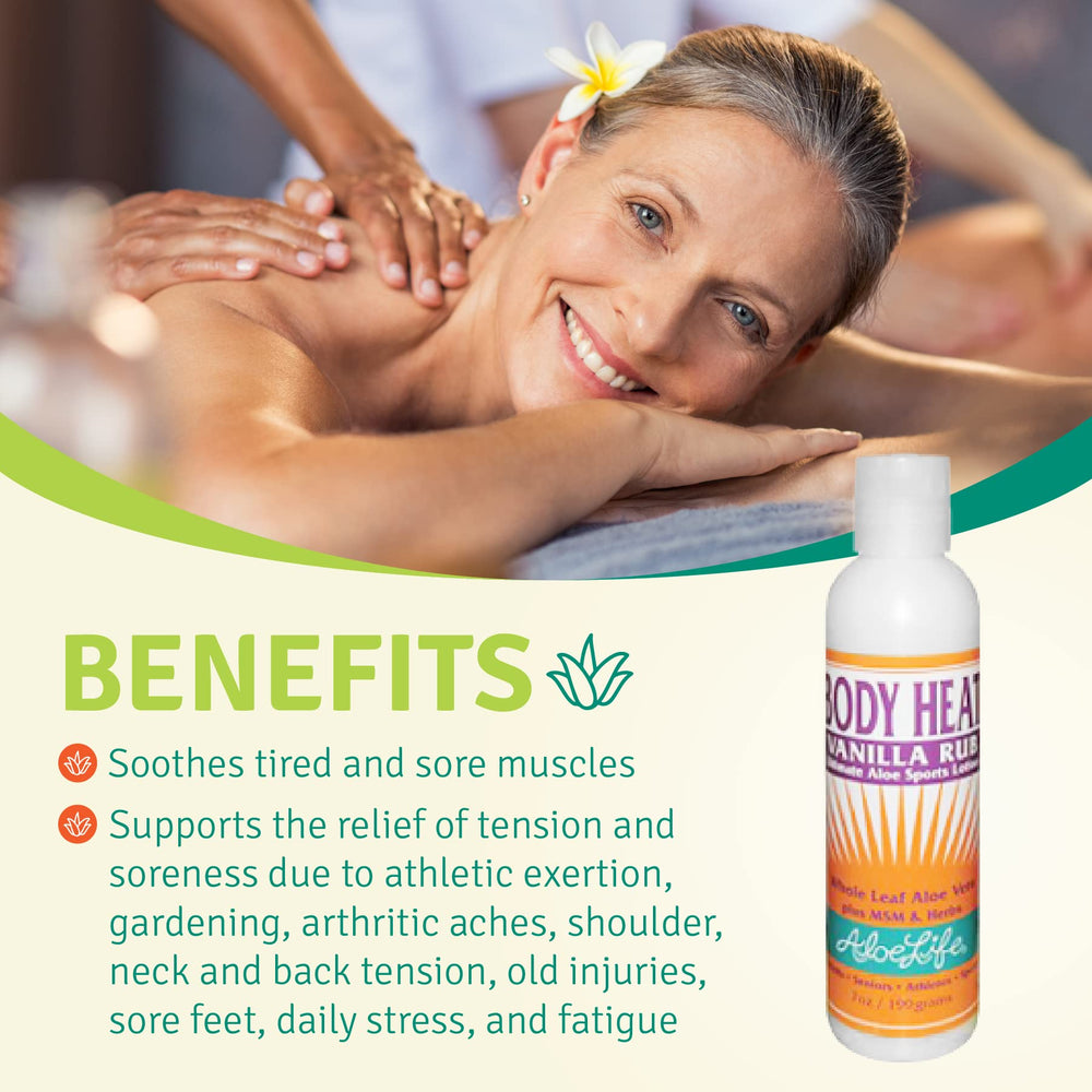 Hands massage Aloe Life rub into skin, releasing vanilla fragrance