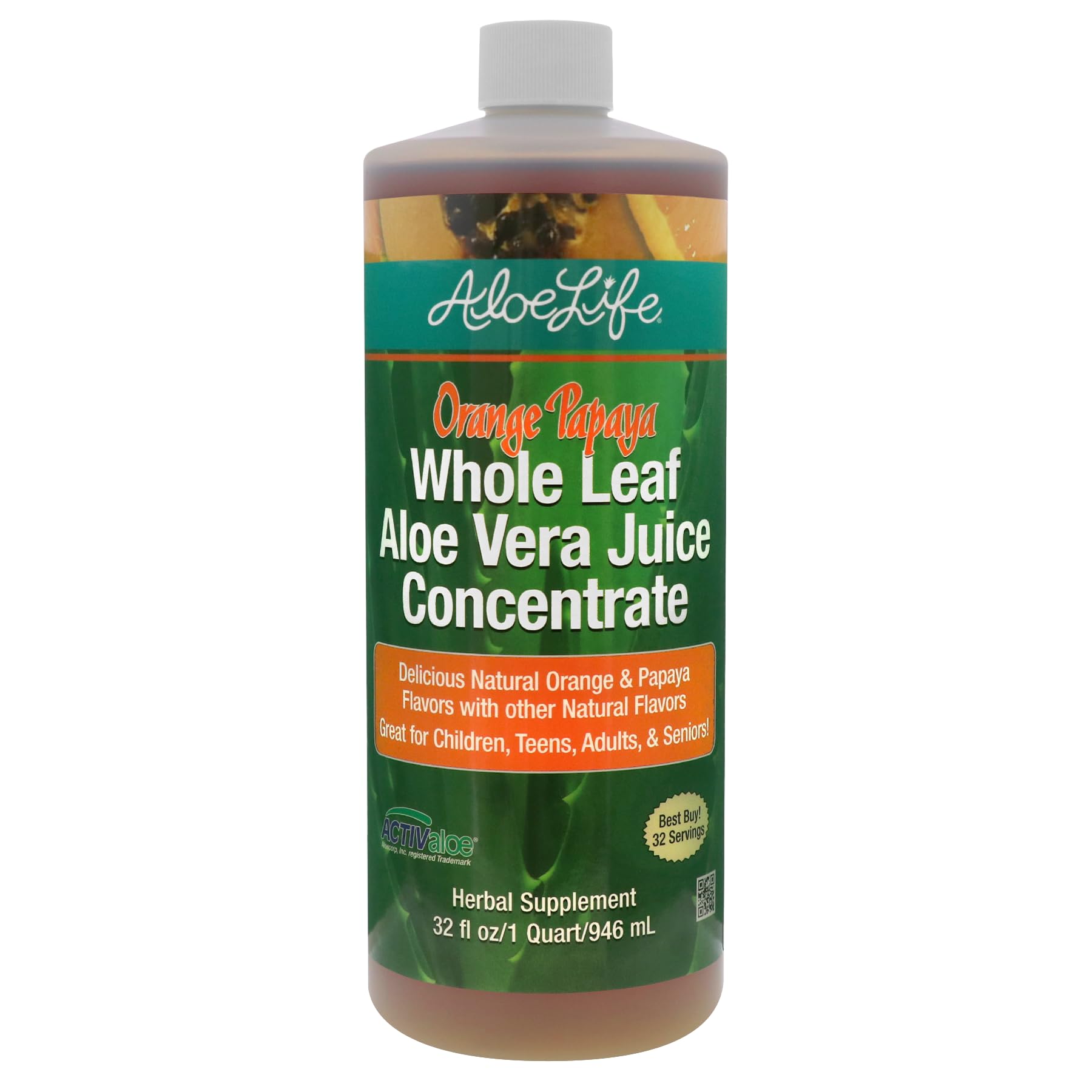 Aloe Life bottle of whole leaf juice with orange papaya flavor, supporting digestive comfort.