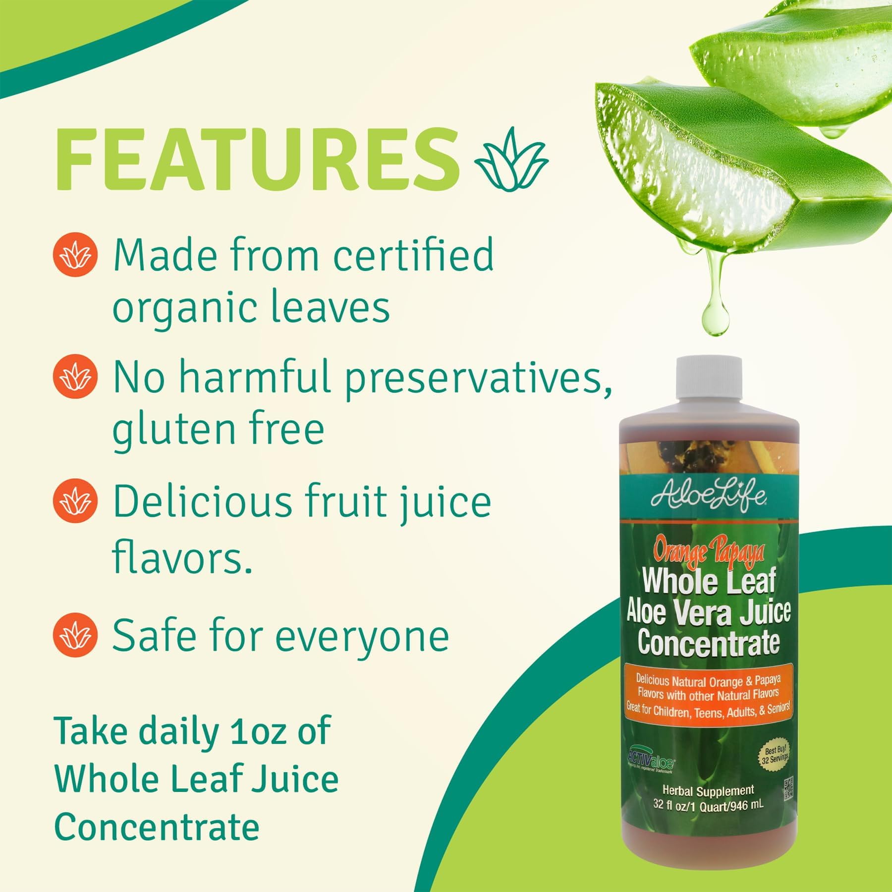 Aloe Life glass bottle on a shelf for convenient daily consumption.