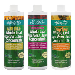 Aloe Life whole leaf juice bottle highlighting full-spectrum formula for daily hydration.