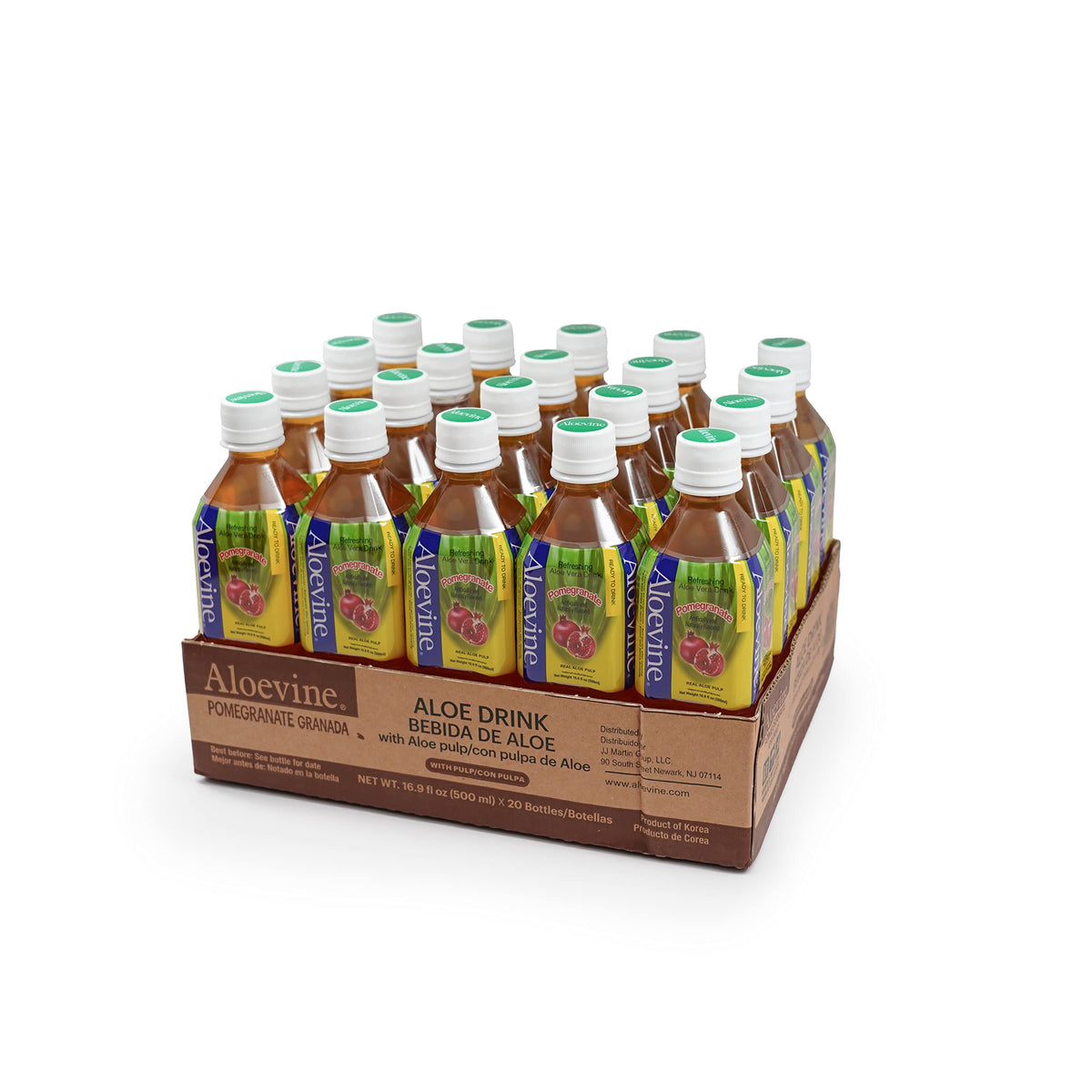 Aloevine Pomegranate Aloe bottle front with real aloe chunks for hydration.