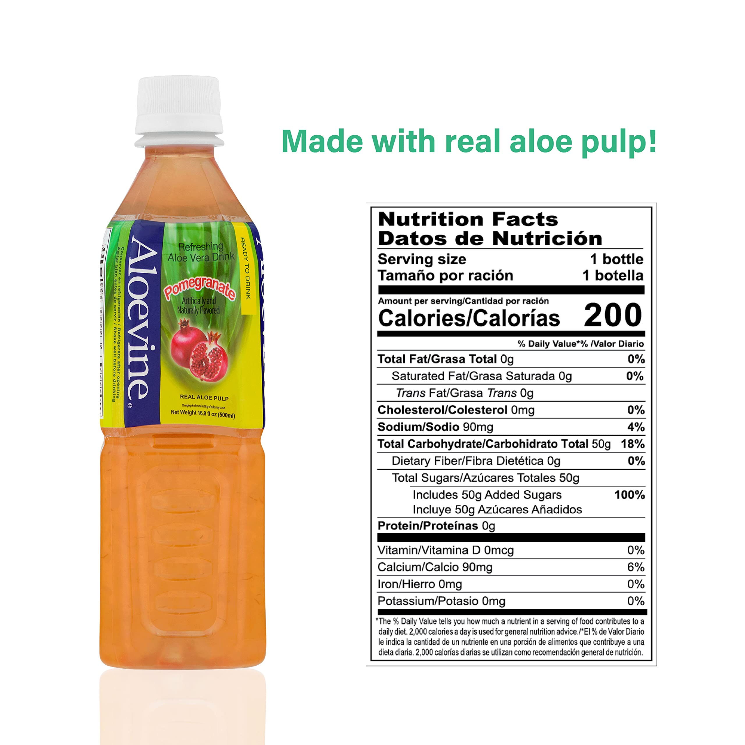 Aloevine Pomegranate Aloe drink shows visible aloe chunks for daily refreshment.