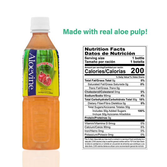 Aloevine Pomegranate Aloe drink shows visible aloe chunks for daily refreshment.