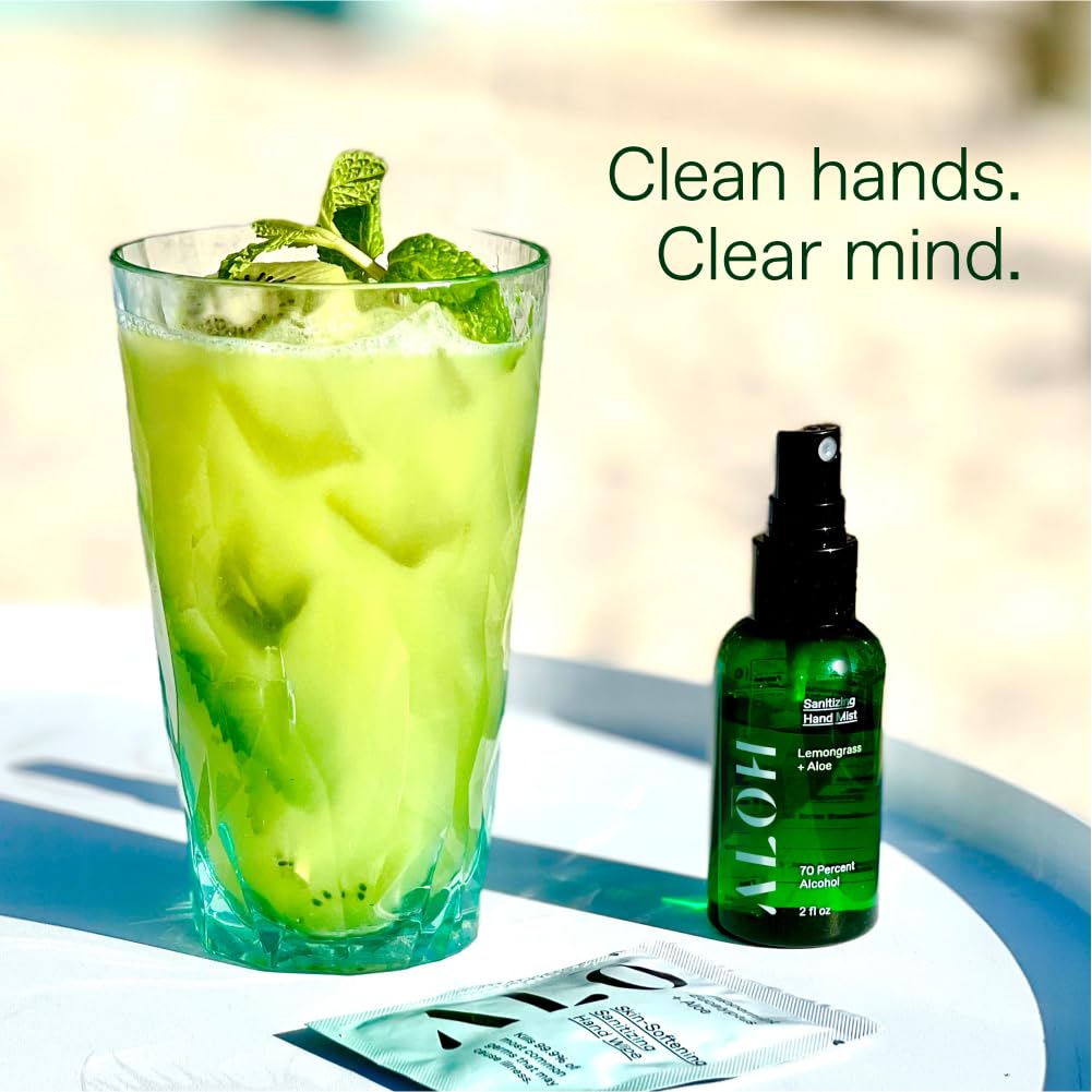 ALŌH hand sanitizer contains 70% ethyl alcohol, delivering a refreshing clean.