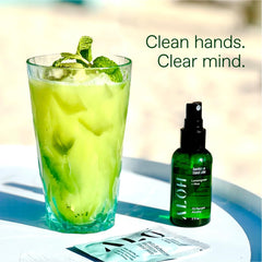 ALŌH hand sanitizer contains 70% ethyl alcohol, delivering a refreshing clean.
