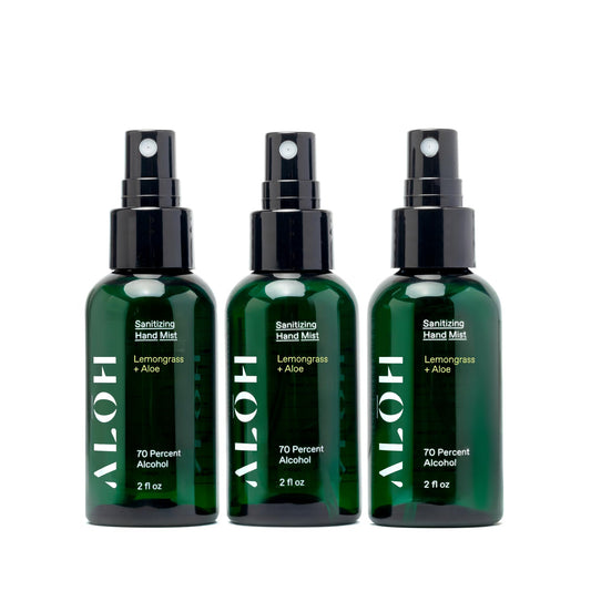 ALŌH hand sanitizer mist Lemongrass 3-pack bottles, travel-ready for on-the-go hygiene.