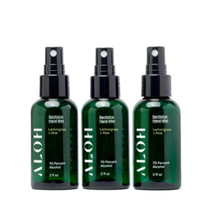 ALŌH hand sanitizer mist Lemongrass 3-pack bottles, travel-ready for on-the-go hygiene.