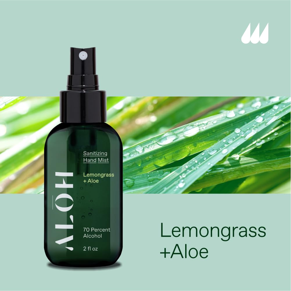 This close-up shows ALŌH Lemongrass scented sanitizer bottle in a compact 2oz travel size, ideal for on-the-go.