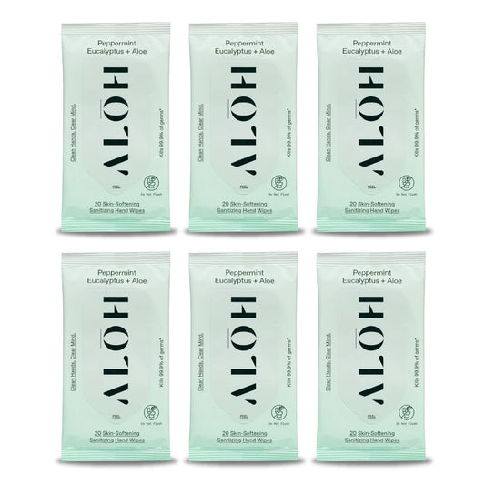 ALŌH Peppermint Eucalyptus wipes pack front for on-the-go cleansing.