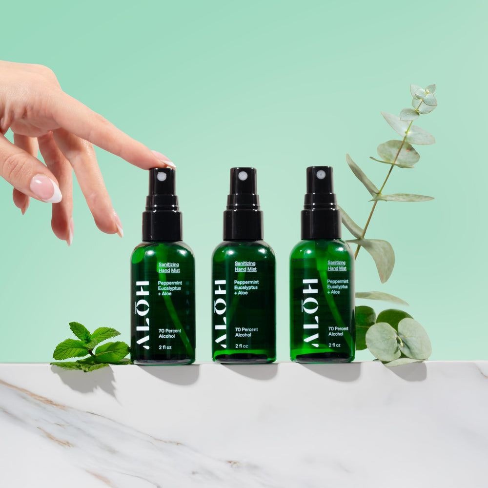 ALŌH Hand Mist close-up label design highlighting peppermint eucalyptus scent