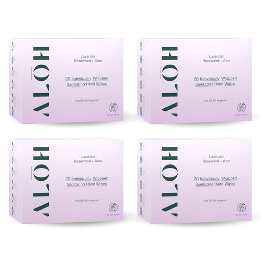 ALŌH Skin Softening Wipes lavender-rosewood pack front for easy on-the-go sanitizing