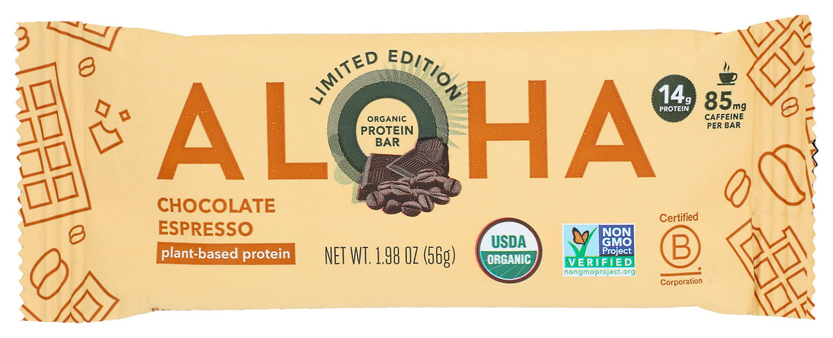ALOHA Chocolate Espresso bar pack-12 on shelf, quick plant-based protein snack.