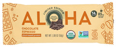 ALOHA Chocolate Espresso bar pack-12 on shelf, quick plant-based protein snack.