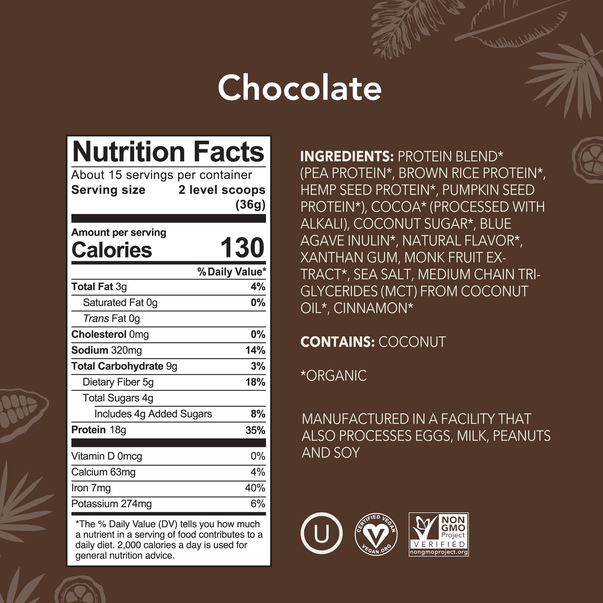 Close-up of ALOHA chocolate protein label with organic and non-GMO certifications.