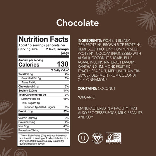 Close-up of ALOHA chocolate protein label with organic and non-GMO certifications.
