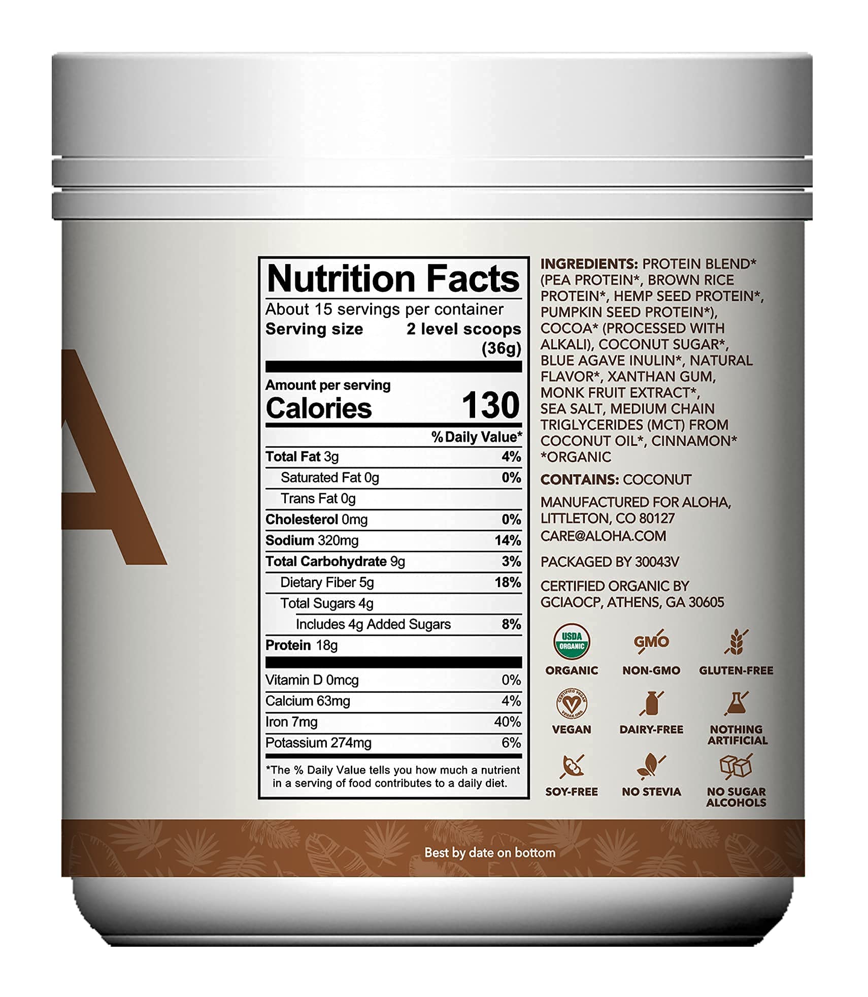 Chocolate protein shake made with ALOHA in a glass.