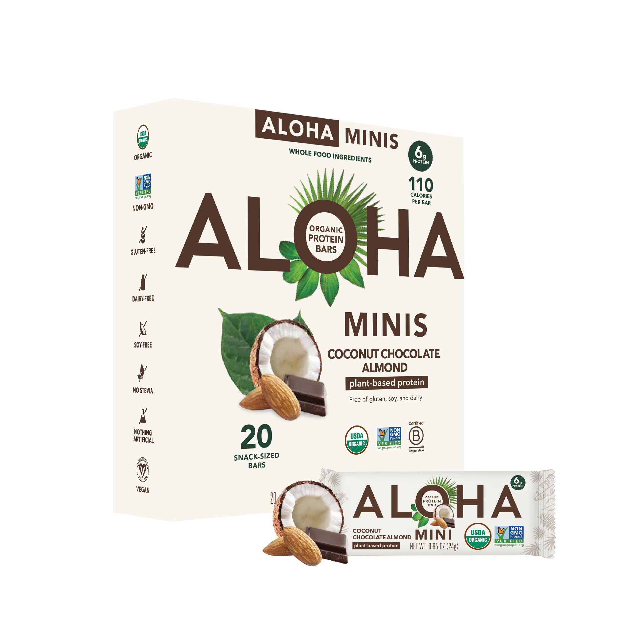 ALOHA Minis Coconut Chocolate Almond bar front view; on-the-go protein snack