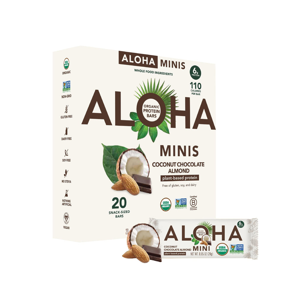 ALOHA Minis Coconut Chocolate Almond bar front view; on-the-go protein snack