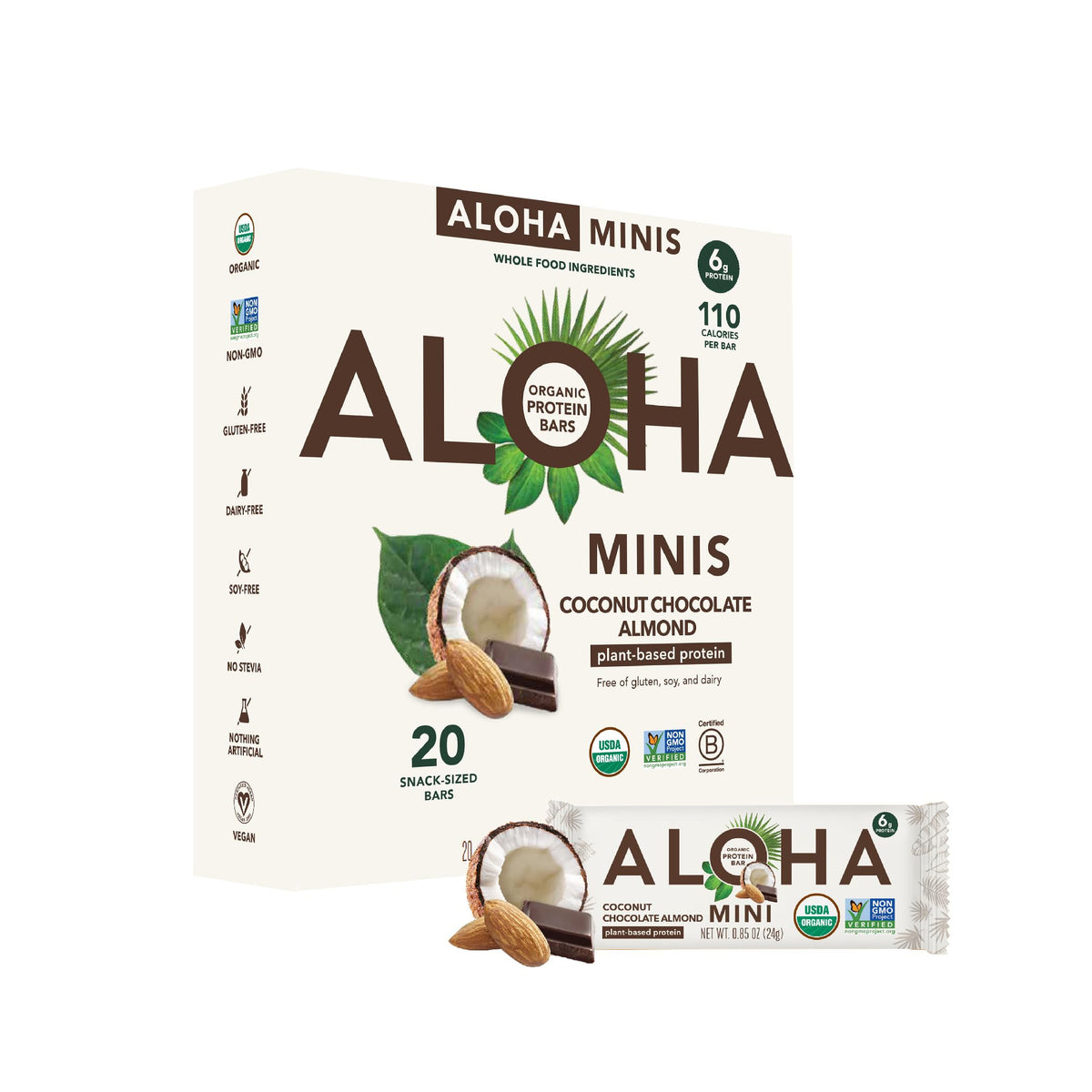 ALOHA Minis Coconut Chocolate Almond bar front view; on-the-go protein snack