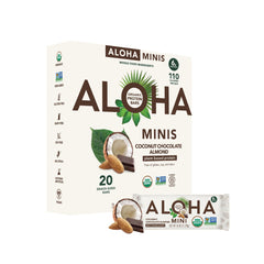 ALOHA Minis Coconut Chocolate Almond bar front view; on-the-go protein snack